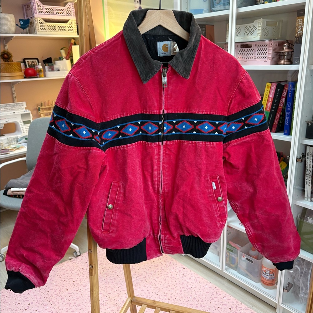 Vintage Carhartt Red Santa Fe Aztec Tribal Grail Jacket size Large Made in USA